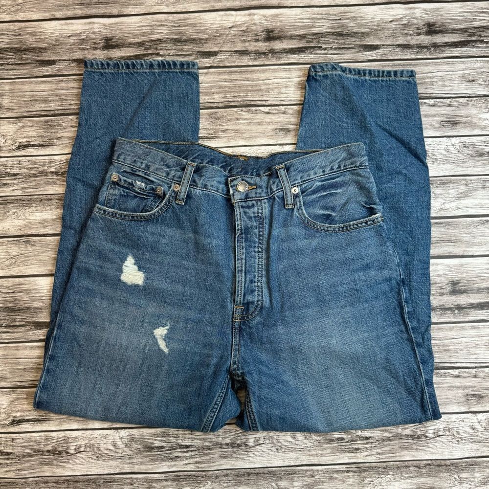 Everlane Women's High Rise Straight Leg Distressed Jeans 31 Waist Button Fly
